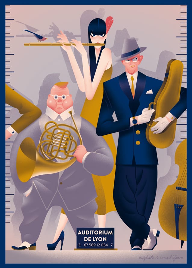 Trois personnages tiennent des instruments de musique