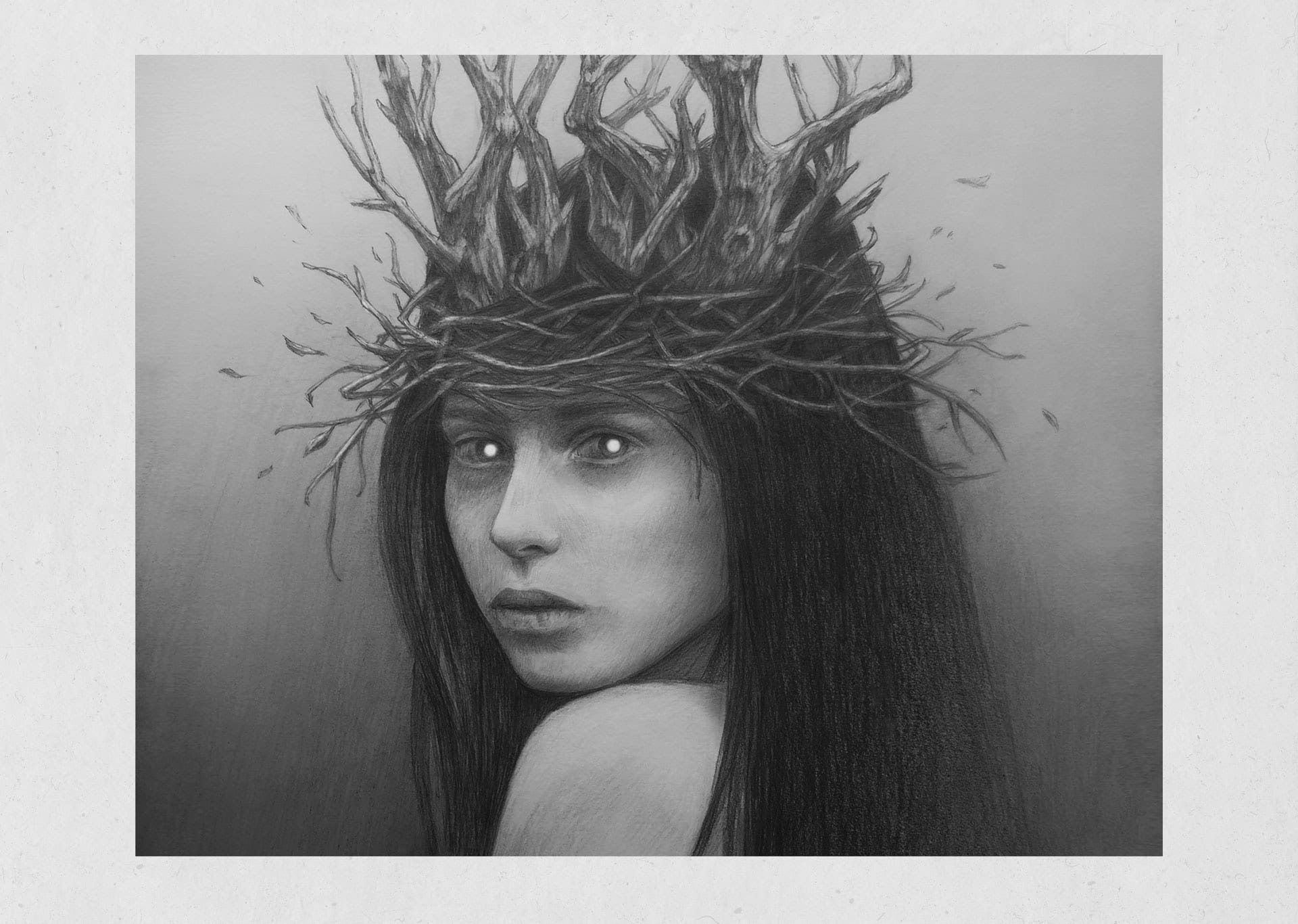 Dessin en noir et blanc de Evgeny Zubkov, femme qui a une couronne de branches