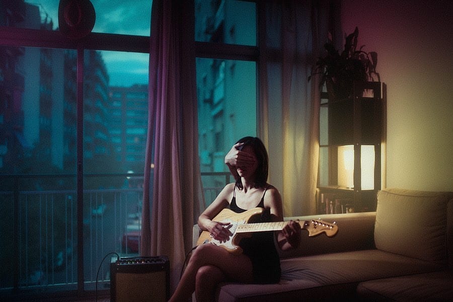 Une femme assise sur un canapé joue de la guitare. Une main sortie de nulle part lui cache le visage