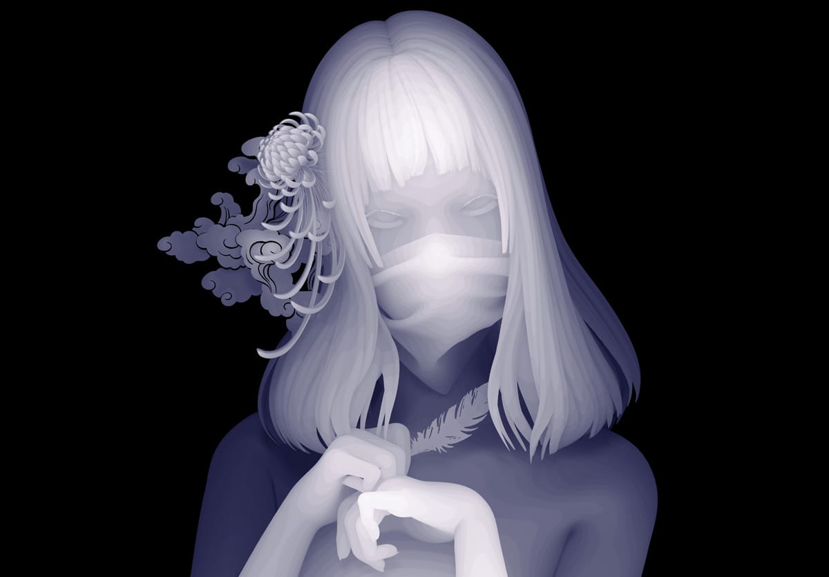 Jeune femme masquée qui a dans ses cheveux une fleur. Elle a les yeux vides mais elle semble pourtant regarder fixement devant elle.