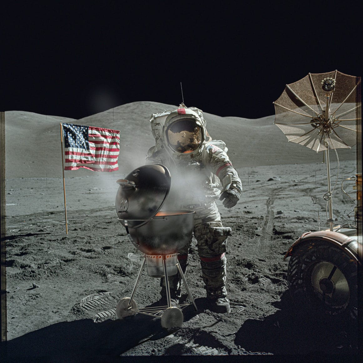 Astronaute qui fait un barbecue sur la Lune