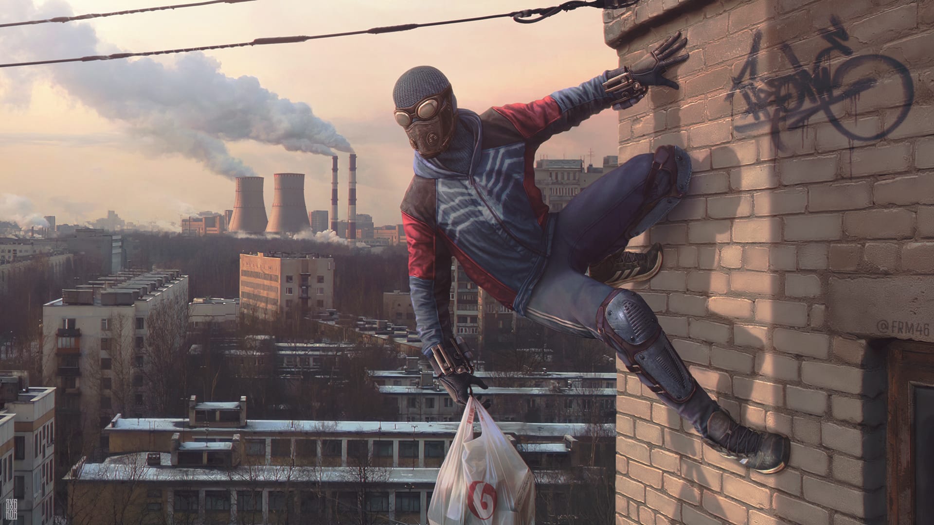 Spiderman qui tient un sac de course en plastique. Au fond des cheminée d'industrie fument