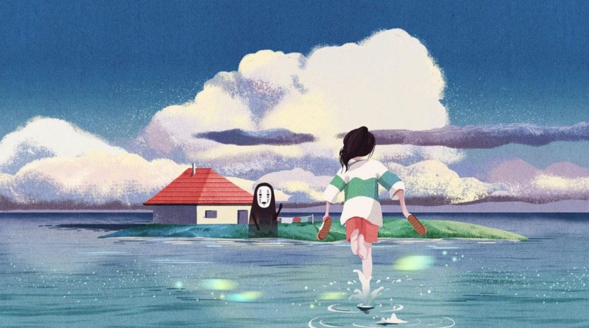 Une jeune fille qui court sur l'eau vers un esprit japonais