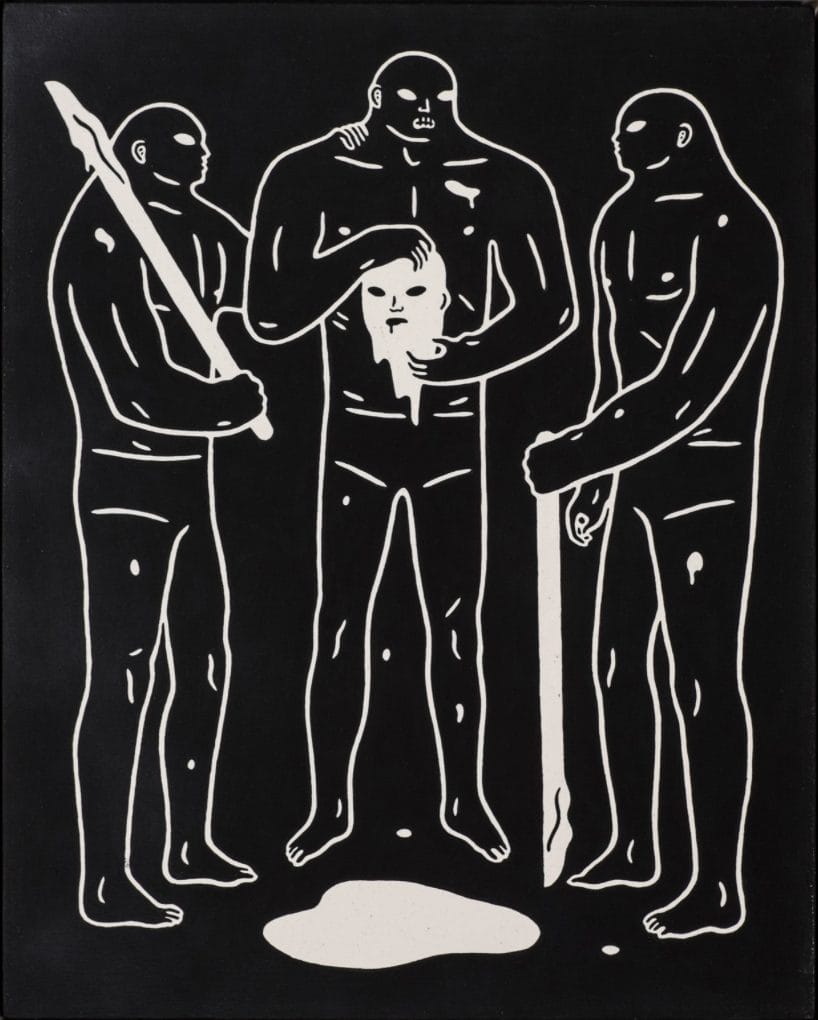 Night Will Fall - Trois hommes en noirs se congratulent en tenant la tête décapitée d'un homme en blanc.