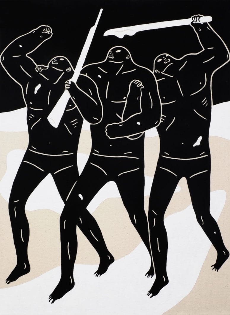 The Victors - trois hommes en noir, bras dessus, bras dessous, marchent en fanfaronnant.