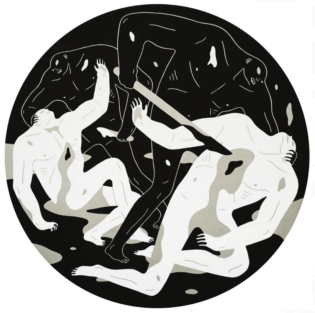 This Is Darkness - Deux hommes en noirs poignardent deux hommes en blanc, au sol. Tableau en cercle.