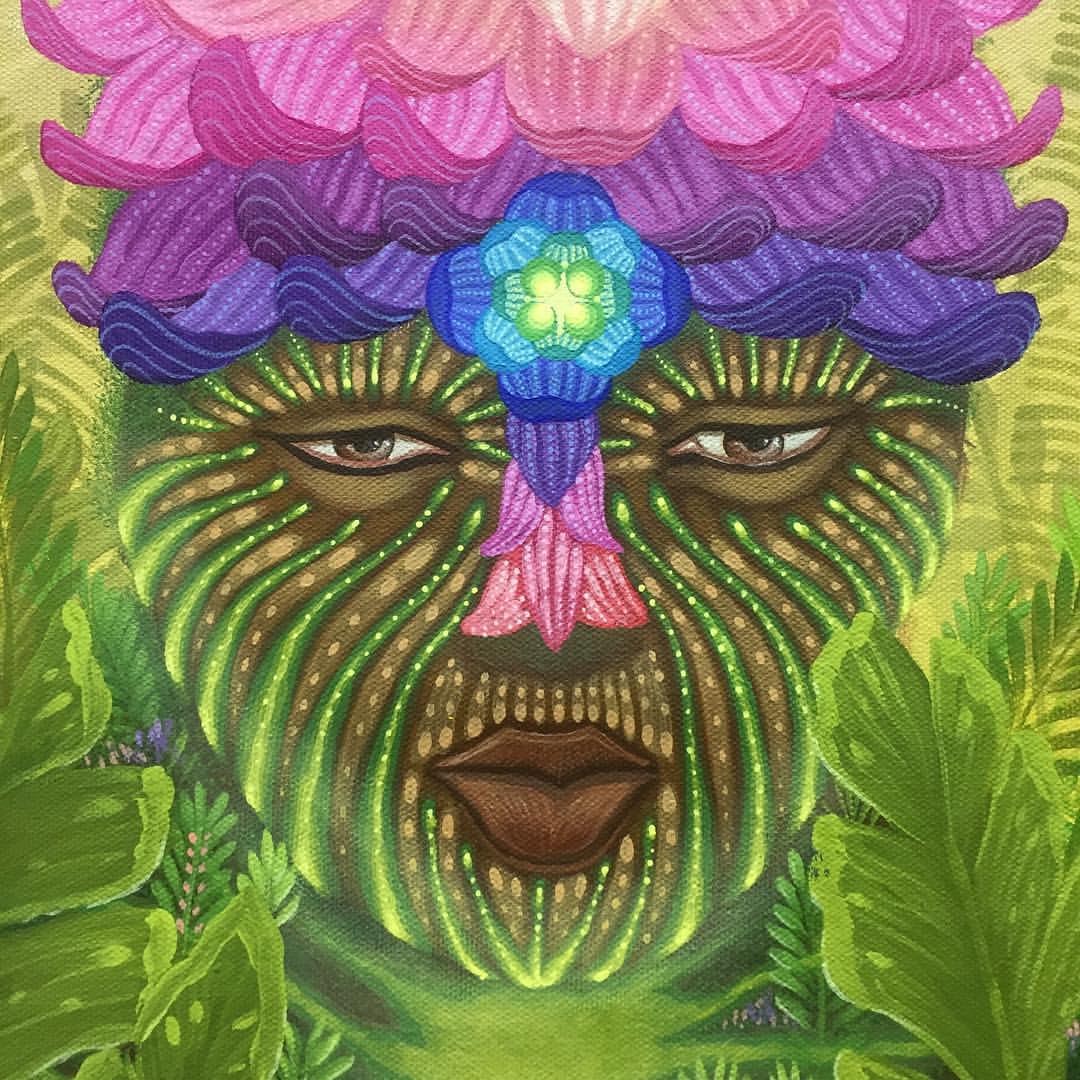 Visage qui ressemble à un masque, coiffe de pétales violets, roses et bleus, fond de végétation