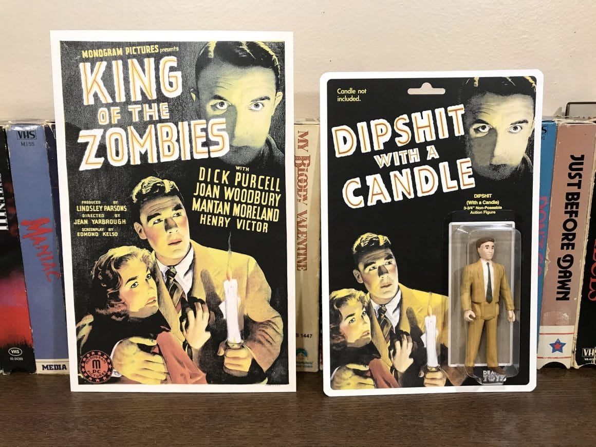 King of the Zombies, couverture originale, les personnages s'enlacent en tenant une bougie.
Devient Dipshit with a candle (crétin avec une bougie, NDLR)