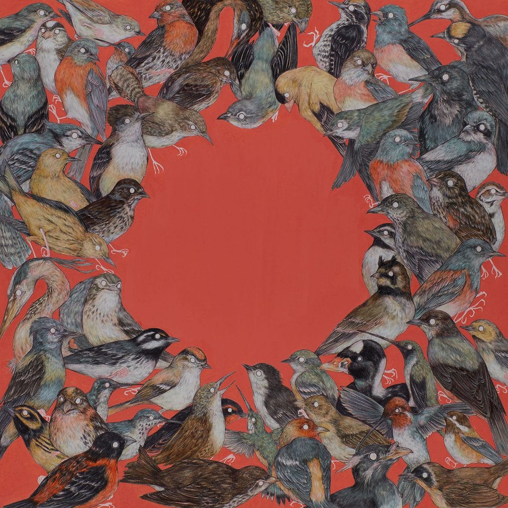 Fond rouge, des oiseaux sont représentées en cercle, un trou étant laissé au milieux et qui  laisse voir le fond