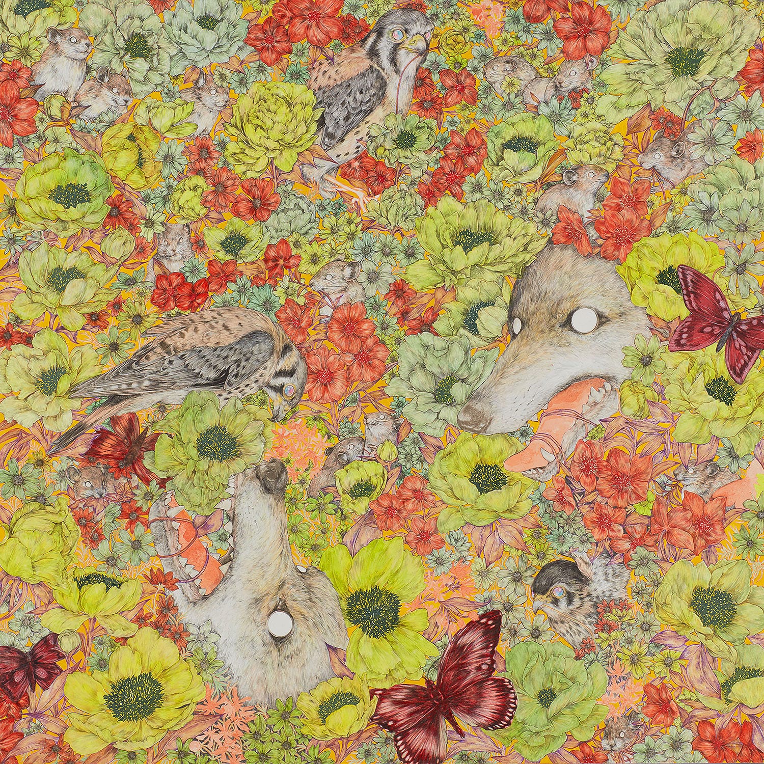 Tableau recouvert de fleurs jaunes, vertes et rouges. On devine des oiseaux, des têtes de loup et des papillons par Fumi  Nakamura