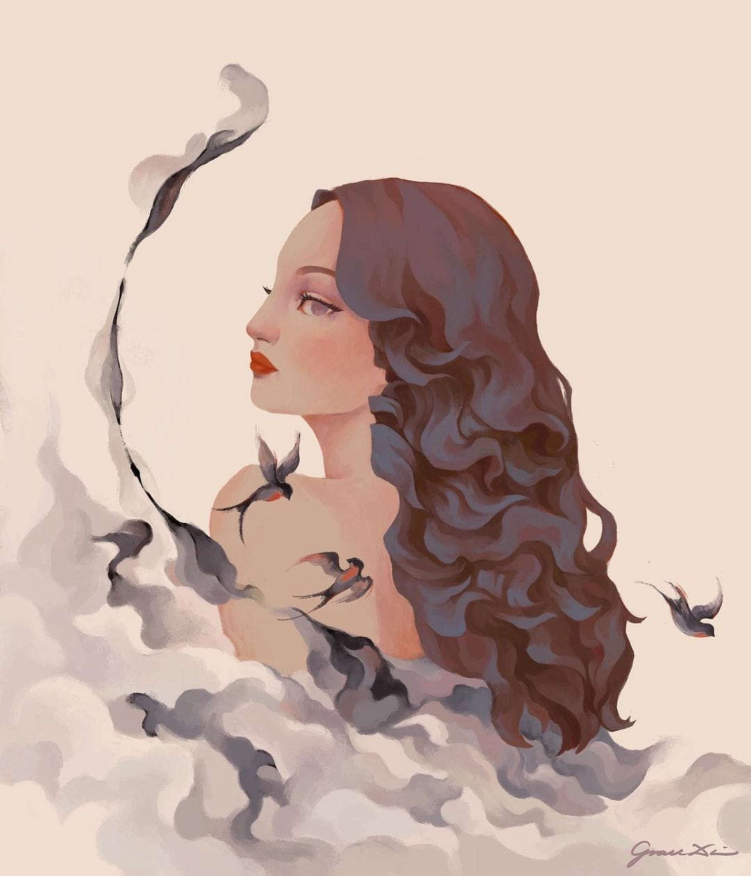 Une femme de dos, visage de profil, cheveux en cascade, son dos caché par des nuages, plusieurs oiseaux volent autour d'elle