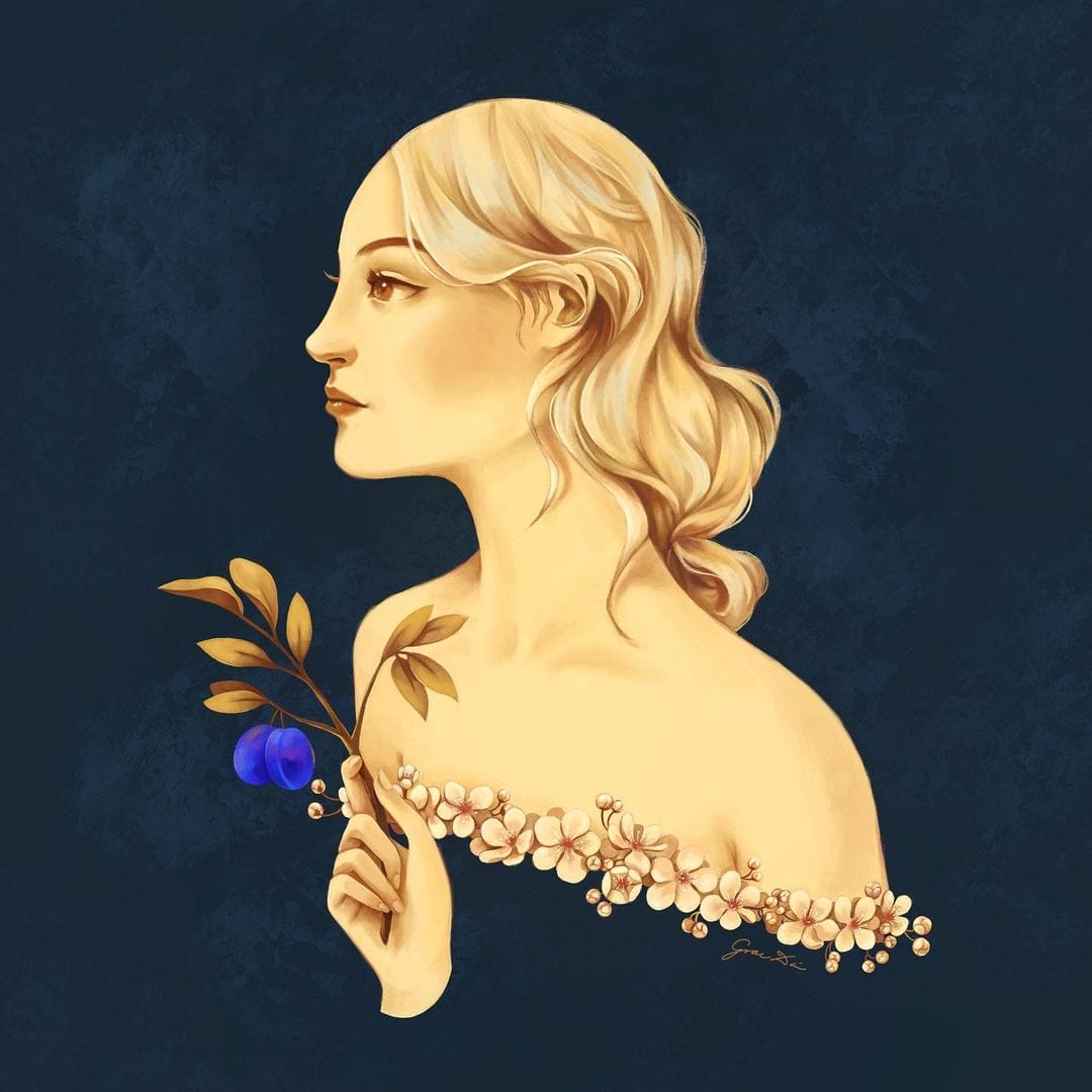 Jeune femmes à la peau dorée, son buste est bordé de petits fleurs. Elle tient un branchage avec deux prunes