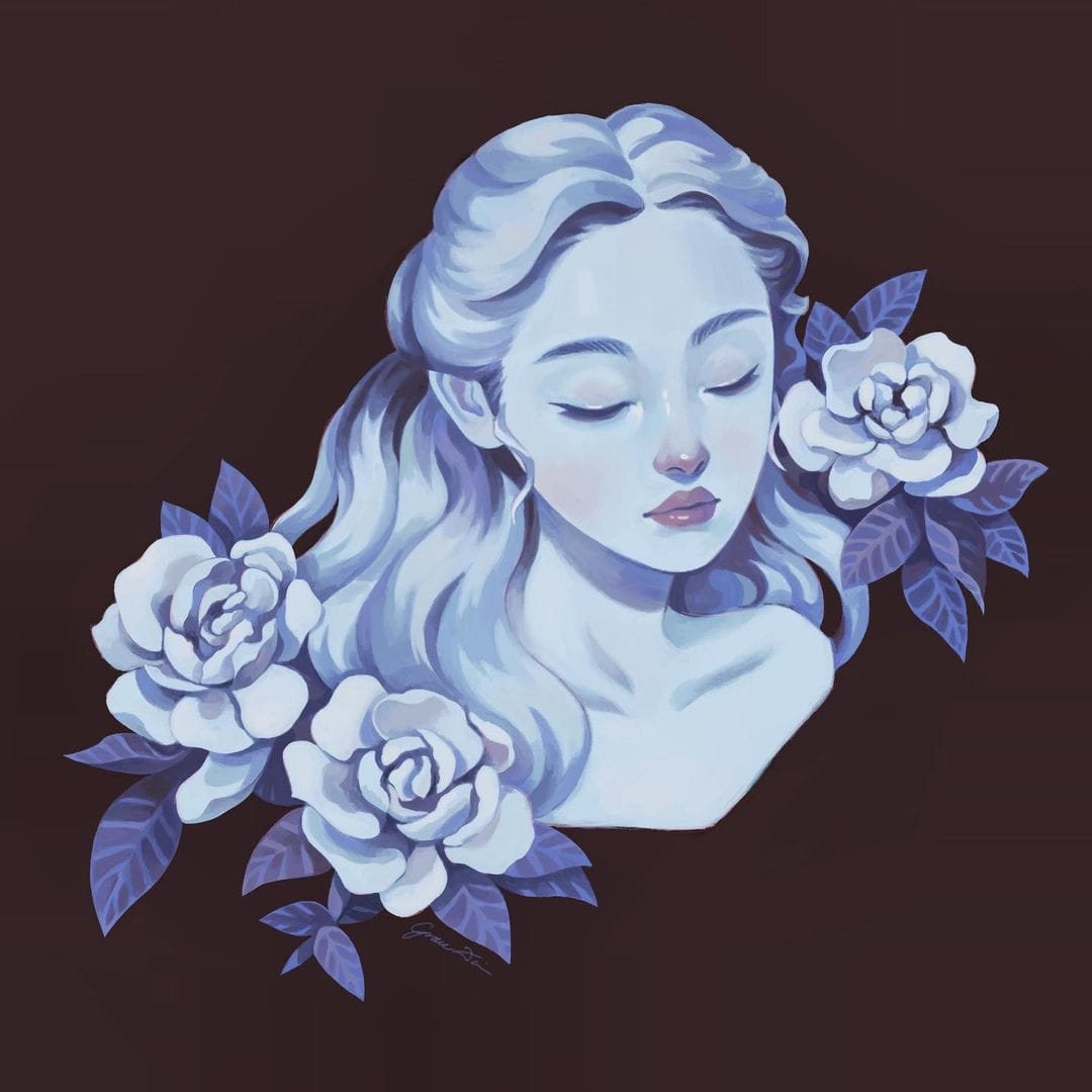 Illustration de Grace Dai, portrait d'une femme tout en bleu, trois roses bleues autour d'elle