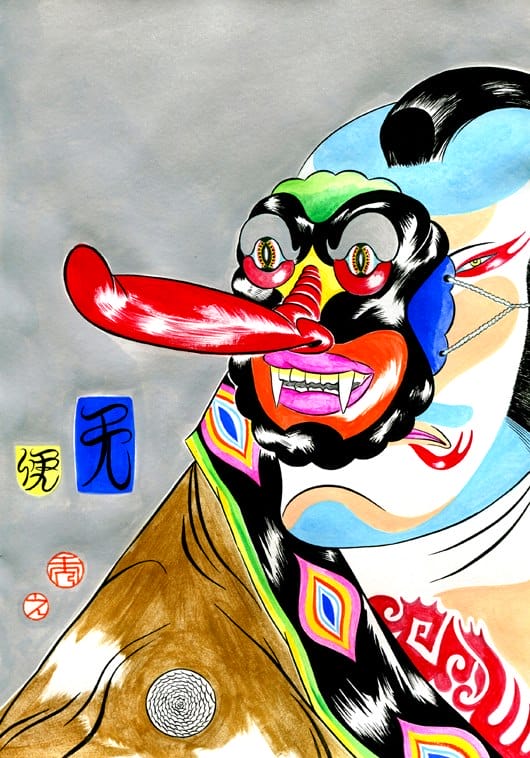 Dessin en couleur, portrait d'un personnage qui porte un masque au long nez, le masque est trop petit pour son visage