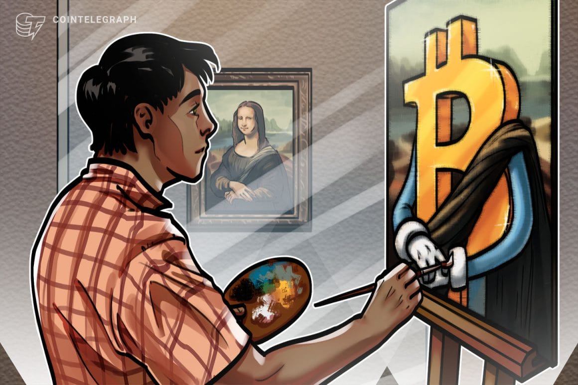Homme peignant une œuvre bitcoin