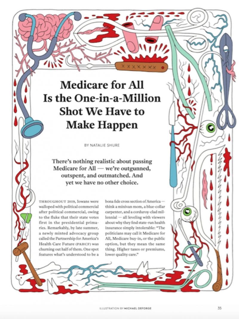 Texte illustré par Michael DeForge pour Jacobin sur Medicare For All
