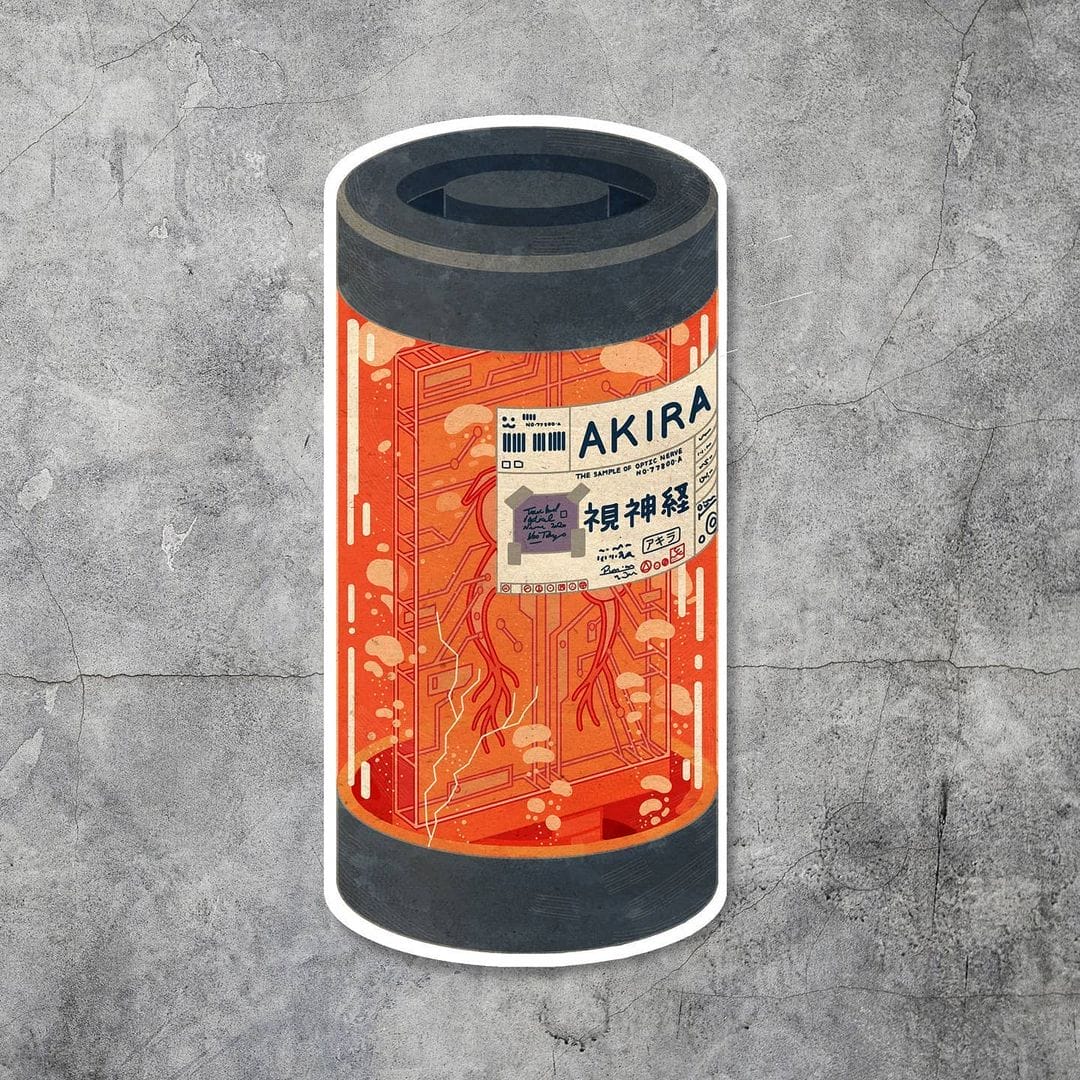 Fond gris, fiole orange, étique avec inscrit des mots en japonais et "Akira"