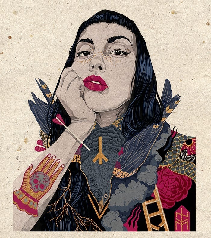 Illustration de NVM, portrait de femme qui a un oiseau autour du coup, son bras qui soutient sa tête est tatoué