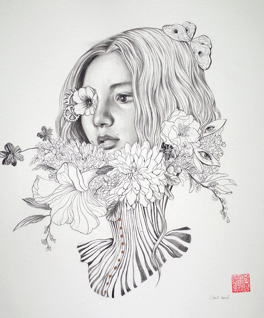 Helice Wen dessin du Visage d'une femme recouvert de fleurs
