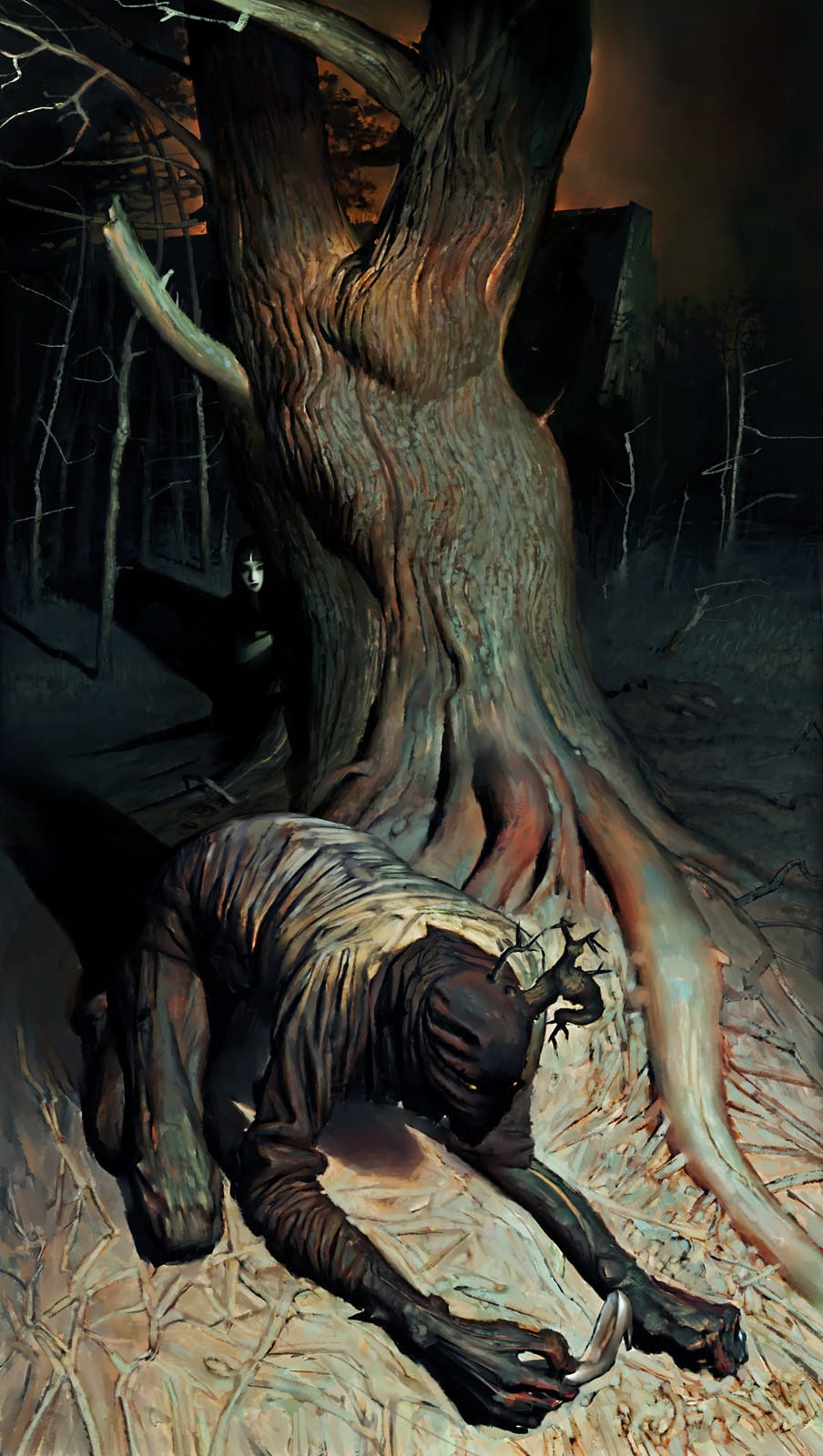 Monstre tenant une chaussure de femme allongé en-bas d'un tronc d'arbre