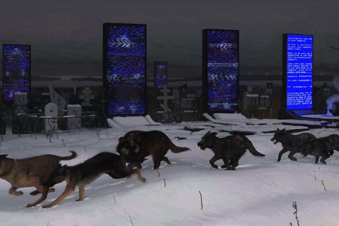 Des chiens courant dans la neige