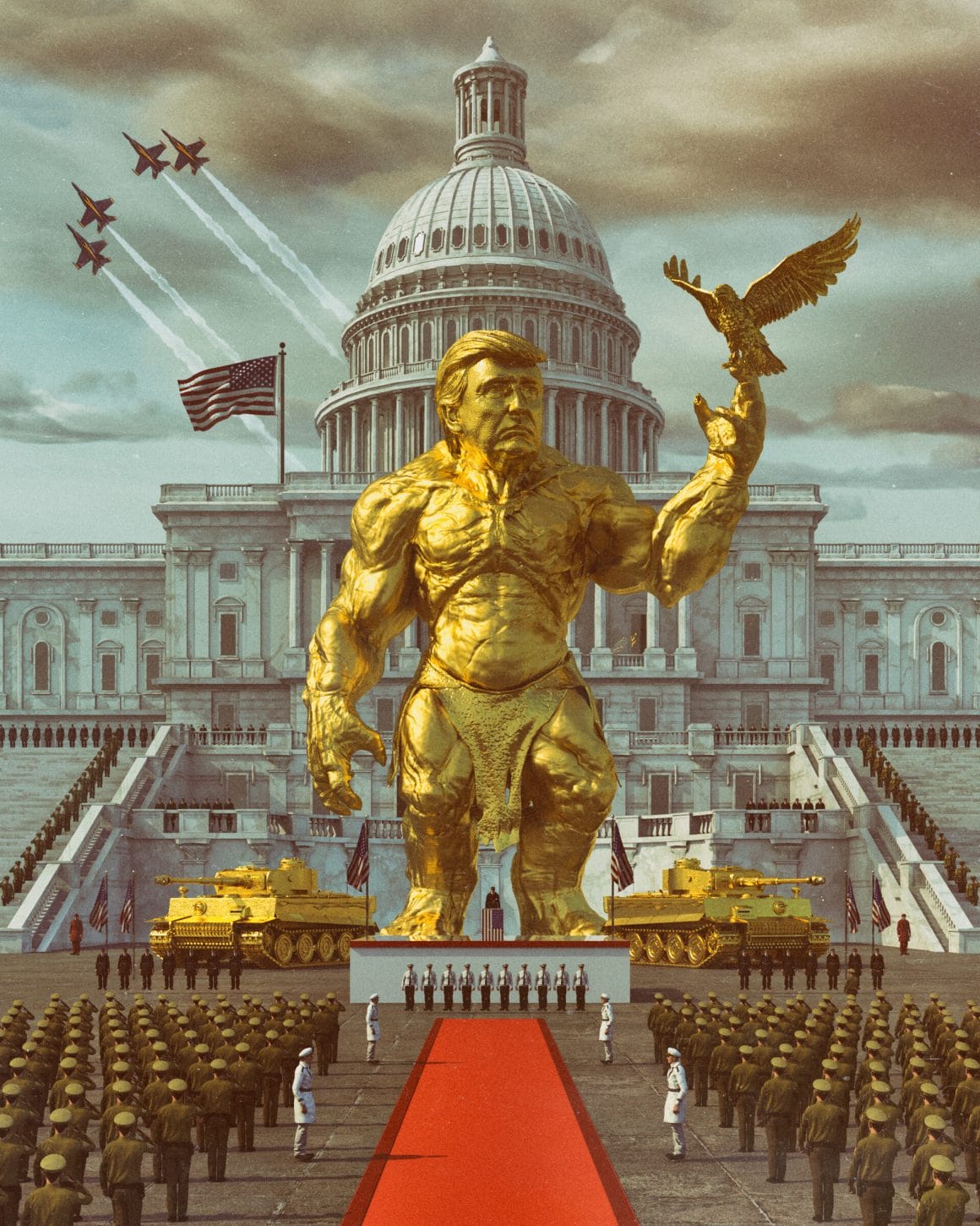Statue de Donald Trump dorée lors de la fête nationale américaine en 2032