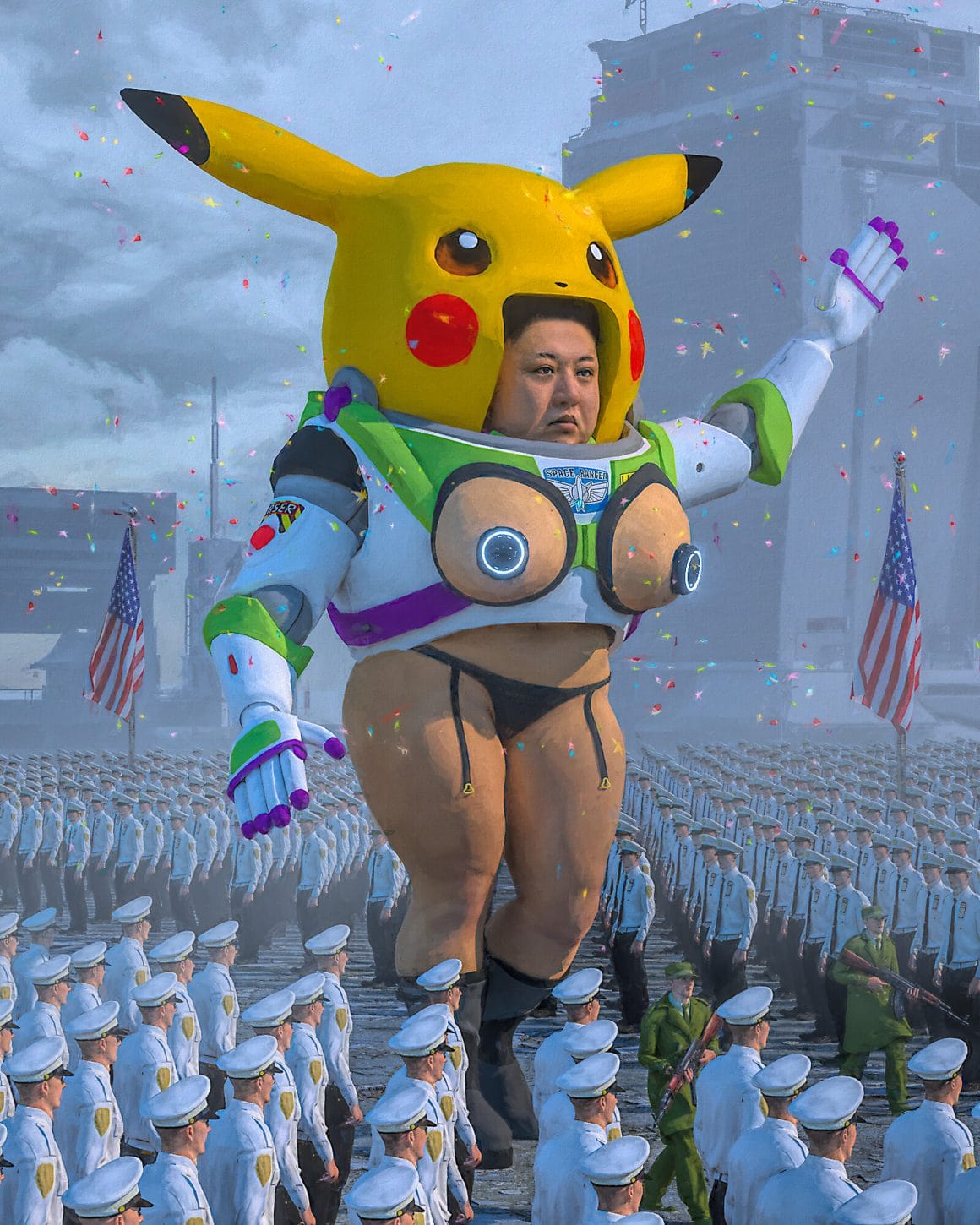 Kim Jong-un dans un costume Pikachu et Buzz l'éclair