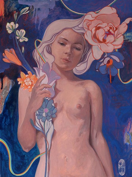 Femme torse nue entourée de fleurs dessin par Helice Wen