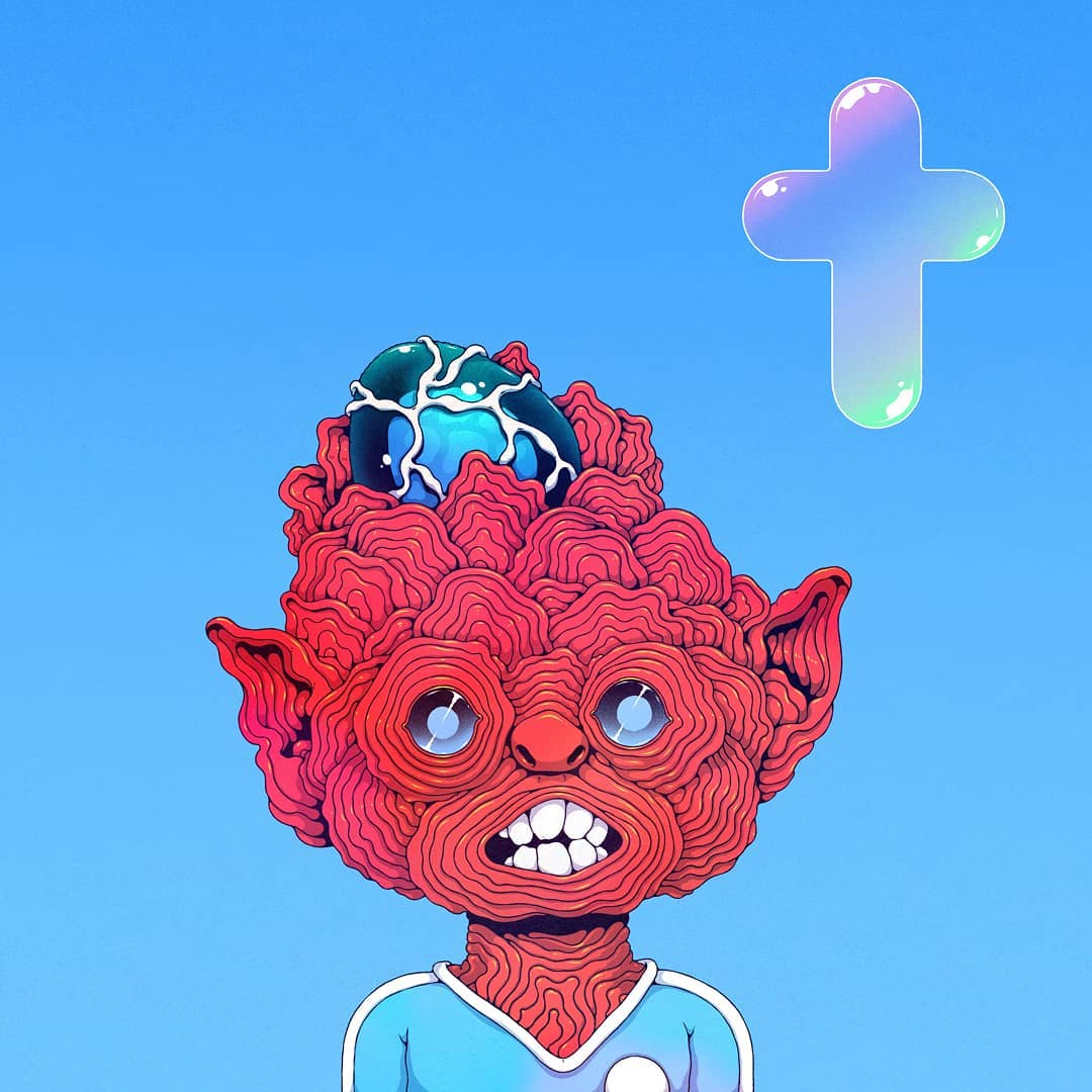 @spoon_tar - La sérénité 
humanoïde absurde, rouge au visage formé de cernes successives, avec un oies bleu posé dans le crâne. Croix en bulle de savon en haut à droite.