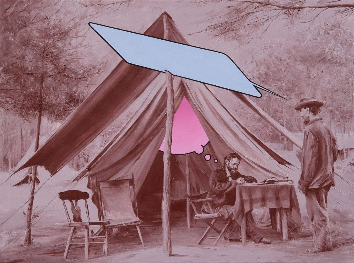 Peinture en sépia d'une tente de réclamation ancienne. Une grande bulle bleue et vide part du personnage réclamant, et une bulle de pensée rose flotte au dessus du personnage notant la réclamation.