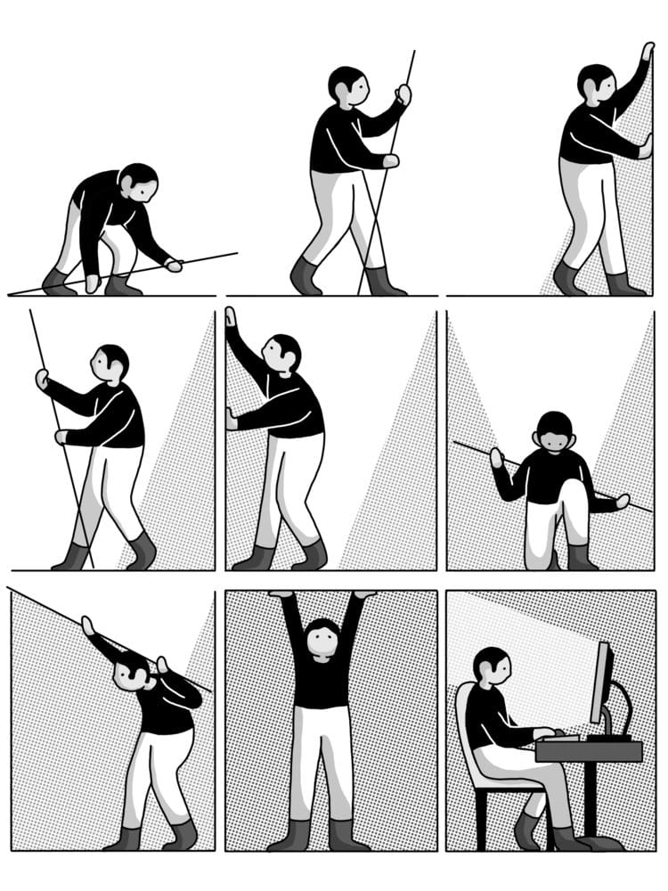 Bande dessinée du graphiste montrant un personnage s'enfermant dans des cases pour être cloitré avec son ordinateur 