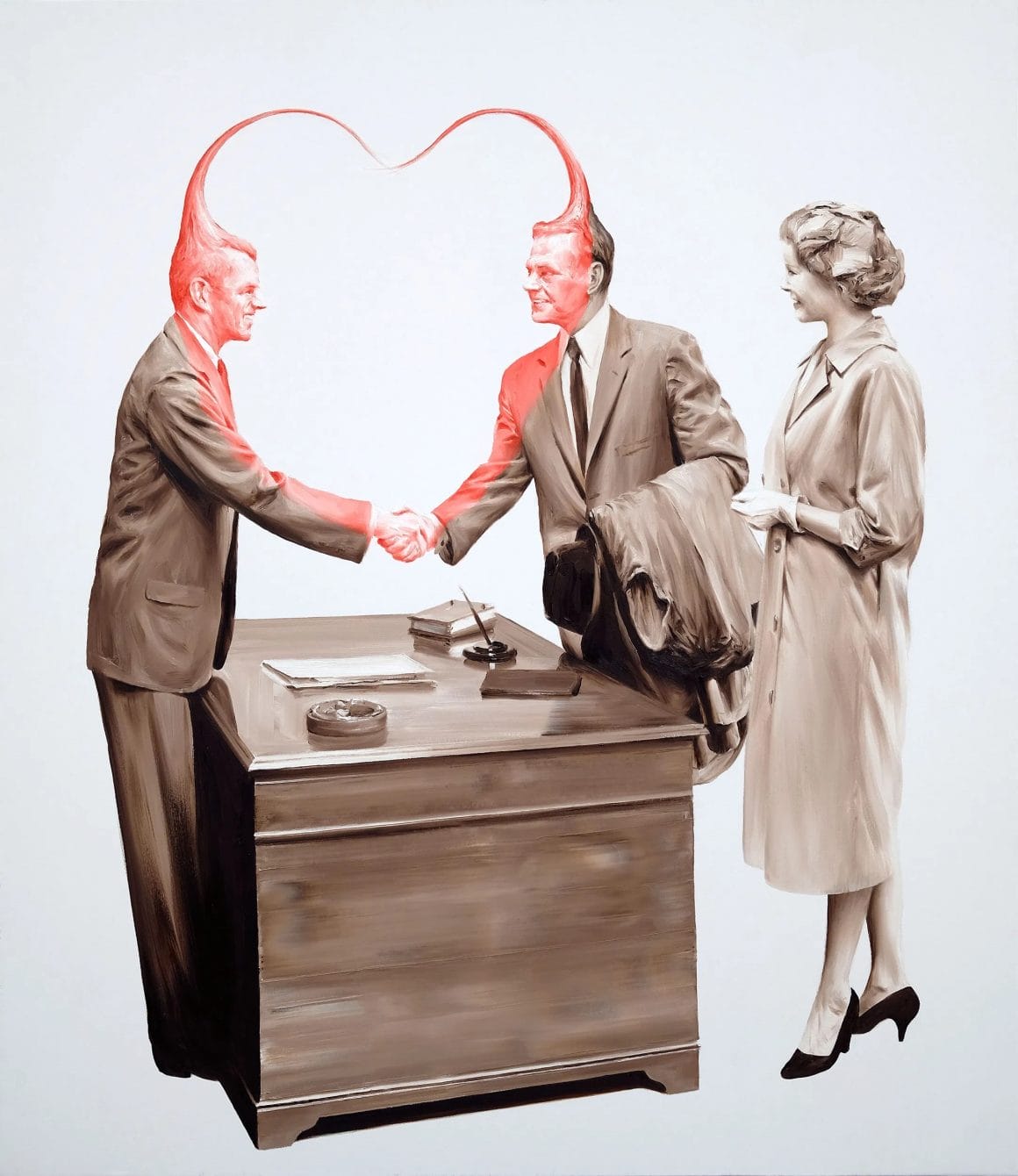 Image de deux hommes se serrant la main au dessus d'un bureau d'affaire, le second est accompagné de sa femme. Un coeur rejoint les deux hommes, usant de leurs bras qui se joignent et des leurs cheveux.