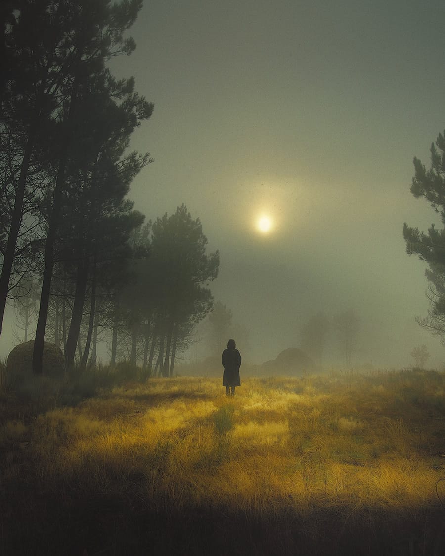 Une personne est de dos de loin dans un champ avec des arbres autours dans une atmosphère très sombre 