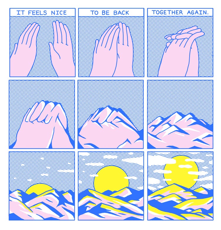 Bande dessinée d'Evan M Cohen montrant deux mains jointes qui finissent par se transformer en montagnes puis en paysage de coucher de soleil 