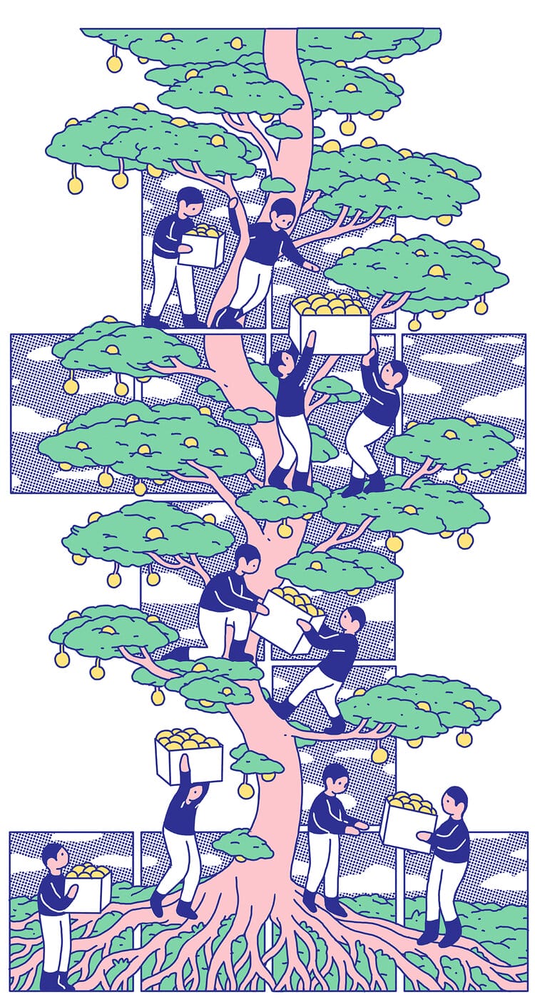Grande illustration de plusieurs personnages récupérant les fruits d'un arbre