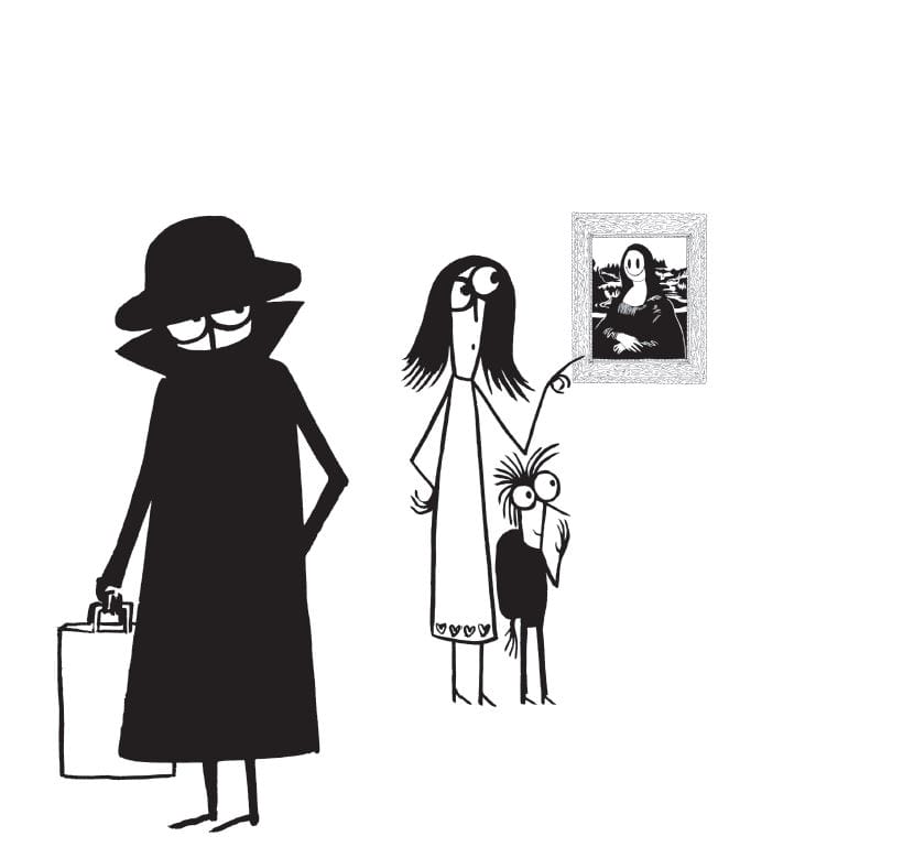 Le personnage de Banksy, caché sous un grand manteau, observe une mère de famille et un enfant ébahi devant une Joconde retravaillée.