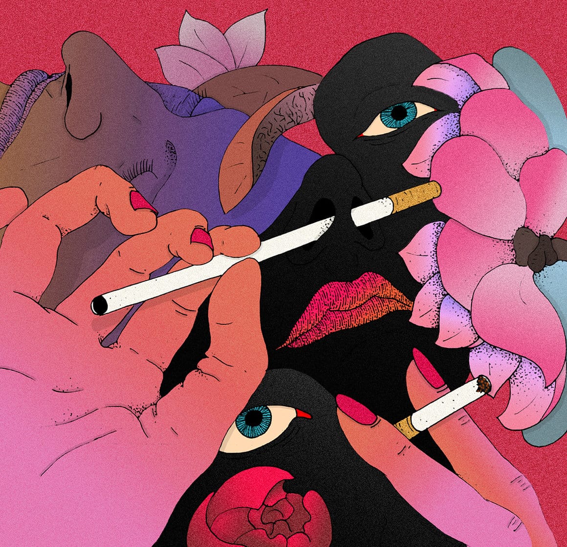 Cette illustration avec un fond coloré de Pablo Gerardo Camacho dépeint plusieurs femmes accompagnées de cigarettes, dont une qui traverse le nez d'une des protagonistes