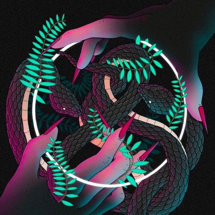 Oeuvre de l'artiste représentant des serpents entremêlés dans des mains de femme et des néons 