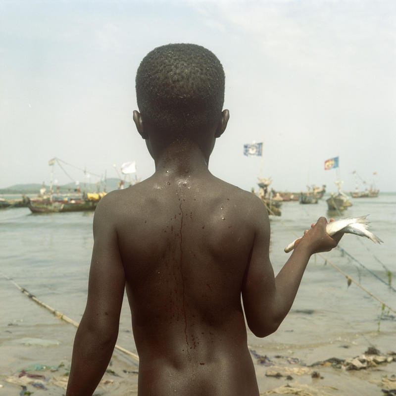 Photographie d'un enfant ghanéen de dos tenant un poisson.