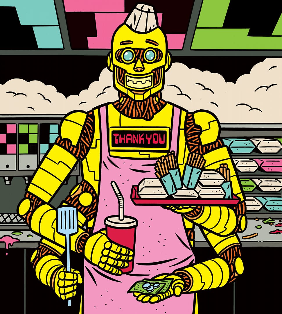 Illustration d'un robot travaillant dans un fast-food