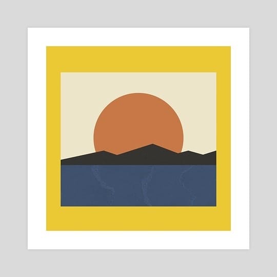 Illustration de formes géométriques qui forment un paysage de mer et de montagne avec un soleil.