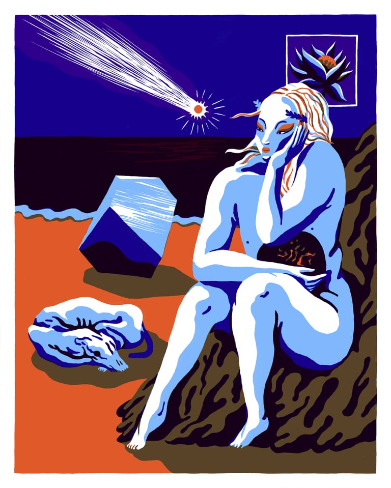 Sur cette peinture de Léa Djeziri, une femme est assise, nue sur un rocher près de l'eau
