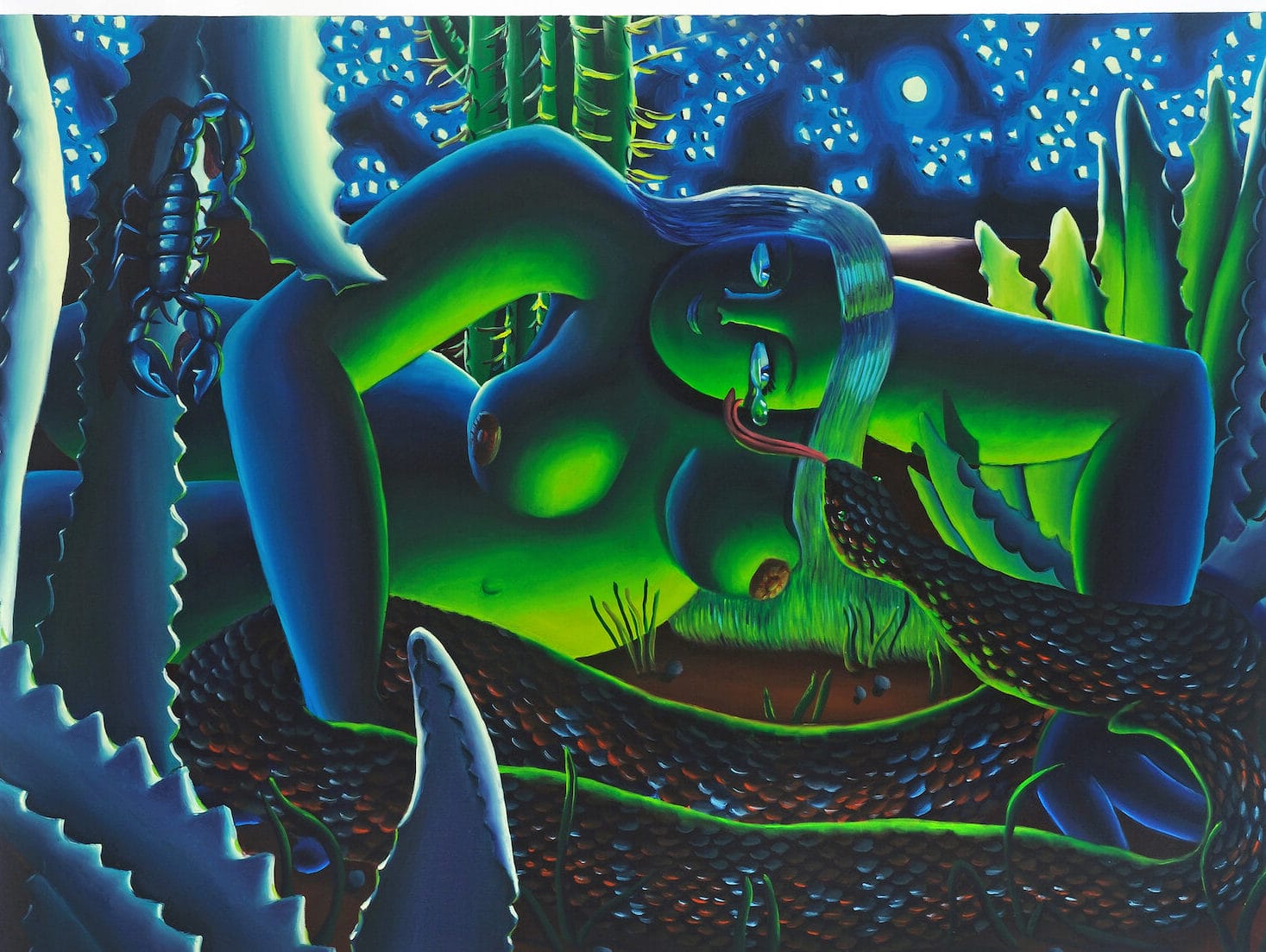 Femme aux couleurs vibrantes avec un serpent peint par l'artiste