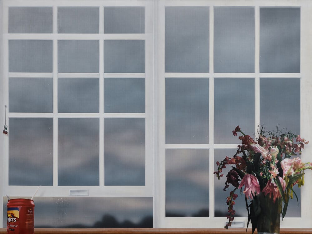 Peinture d'une fenêtre avec des objets devant.