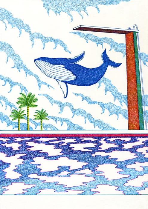 Dessin d'une piscine avec une baleine qui plonge dedans.