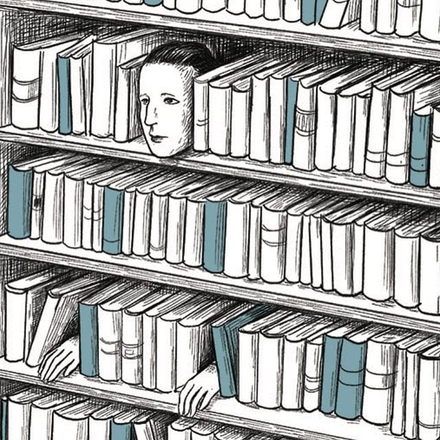 Illustration absurde d'une bibliothèque avec un visage dedans.