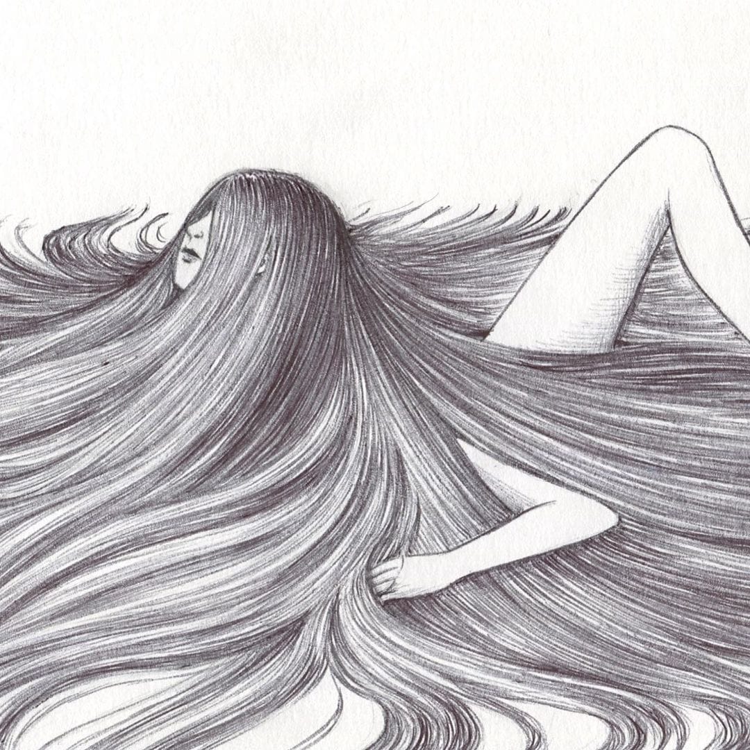 Illustration absurde d'une femme avec des cheveux longs qui recouvrent son corps.
