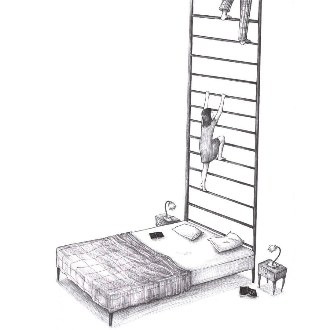 Illustration d'un lit dont le cadre est une échelle.  par Virginia Mori
