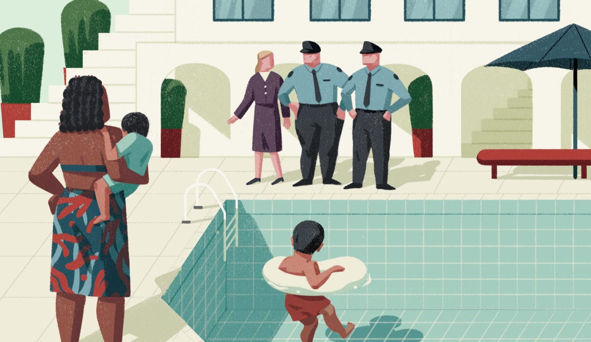 Illustration d'une femme raciste avec ses enfants et la police.
