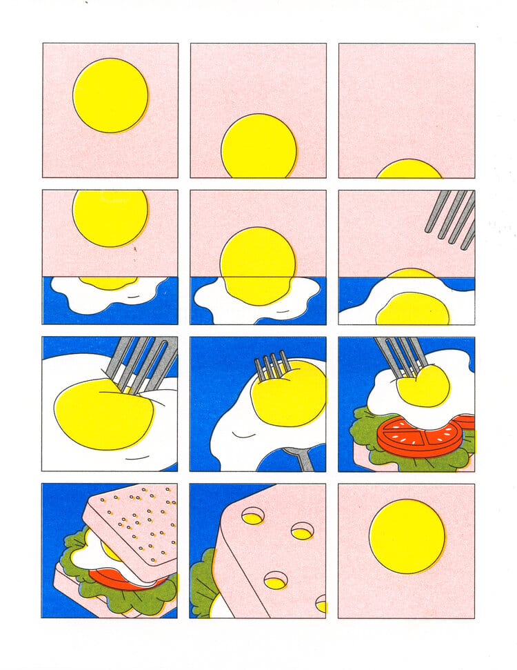 Illustration abstraite en forme de BD d'un sandwich.